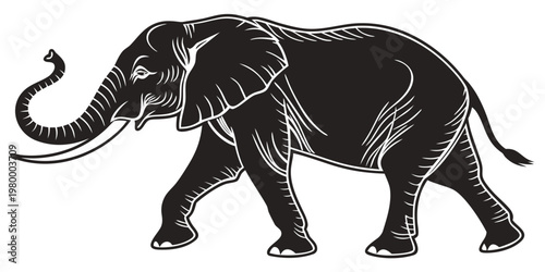 Stylized black and white illustration of a walking african elephant isolated on a white background with elephant wildlife silhouette isolated powerful creature artistic stylized majestic