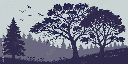 Serene landscape silhouette featuring mature trees and a flock of birds in a misty forest background landscape silhouette woodland peaceful evergreen environment illustration branches