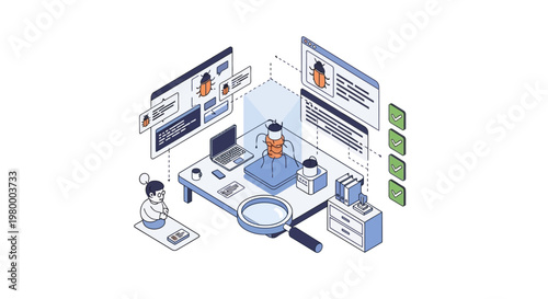 Software Bug Fixing and Quality Assurance Isometric Illustration. Tech Concept for Web Development, App Debugging, System Error Identification and Programming Workspace.