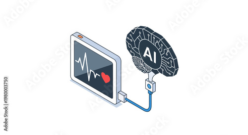 AI in Healthcare Isometric Vector: Artificial Intelligence Brain Connected to Medical Tablet with Heart Rate Monitor and ECG - Digital Health Technology Illustration