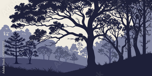 Detailed forest landscape scene featuring diverse tree silhouettes against a light sky background landscape silhouette woodland illustration branches wilderness twilight evergreen
