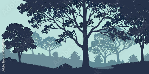 Abstract layered silhouette of a forest landscape at dawn or dusk in blue and teal tones with landscape silhouette background twilight woodland environment tranquil artistic illustration