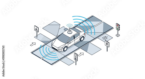 Isometric Illustration of an Autonomous Self-Driving Car with Sensor Radar Waves on a Smart City Road - AI Transportation Technology Concept