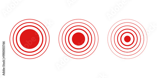 Pain concentric circle icon set. Inflammation pulse signal. Ache mark. Hurt relief. Red ripple circles. Health graphic wave sign. Body disease target. Headache, muscular pill. Vector illustration