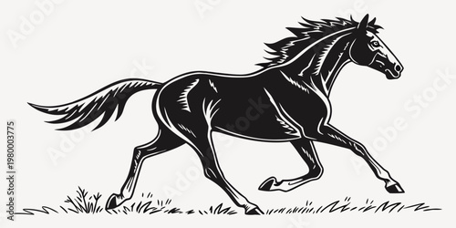 Detailed black and white illustration of a running horse on grass with galloping stallion silhouette illustration movement equestrian countryside majestic strength muscular spirited