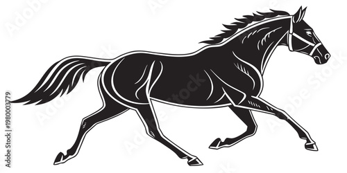 Black silhouette of a galloping horse wearing a halter isolated on a white background with galloping stallion silhouette isolated movement equestrian domestic strength majestic spirited