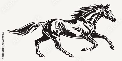 Stylized graphic art of a galloping horse with ornate muscle detail galloping silhouette stallion detailed muscular illustration strength majestic spirited equestrian movement