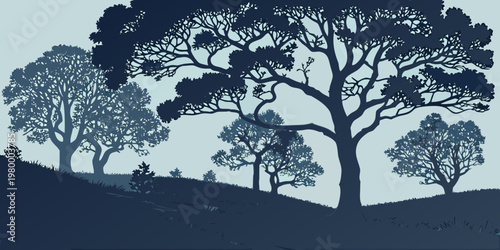 Artistic vector landscape graphic featuring silhouettes of trees on a rolling hill under a calm sky landscape silhouette illustration woodland branches