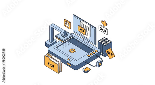 OCR Optical Character Recognition technology isometric illustration showing document scanning, data extraction, and paperless office concept