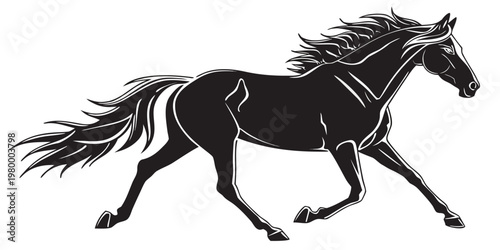 Dynamic black and white graphic design of a galloping horse with flowing mane and tail galloping silhouette illustration majestic equestrian isolated stylized movement strength