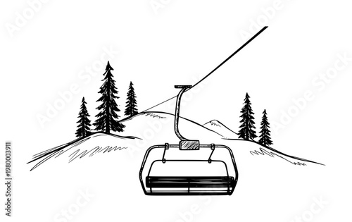 Hand-drawn of a ski lift chairlift in a snowy mountain landscape with pine trees