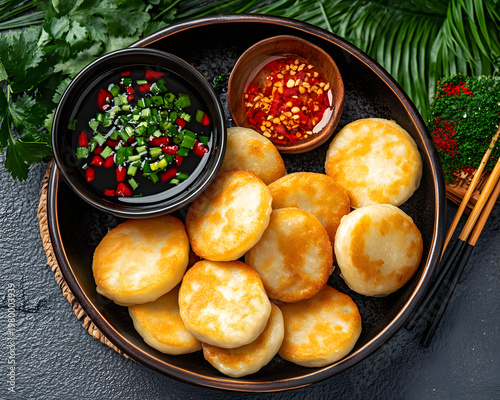Authentic golden fried dumpling appetizer with spicy chili sauce. delightful Asian food cuisine presented on dark plate