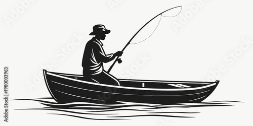 Silhouette of a fisherman in a wooden rowboat on water with fisherman silhouette outdoors recreation activity vacation floating isolated background patience technique lifestyle