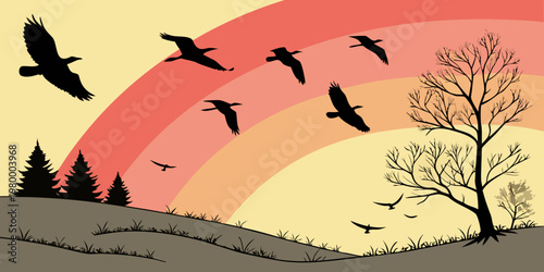Silhouette landscape with migrating birds flying over a stylized sunset rainbow and forest birds in flight bird watching bird flock sunset colors migration silhouette landscape wildlife