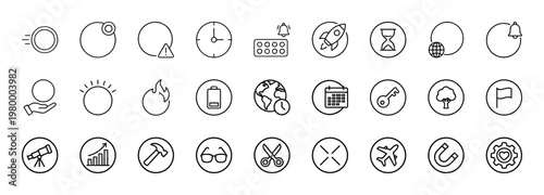 Minimalist time management and productivity line icons for business applications.