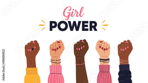 Diverse women raising their fists together under girl power text to represent unity female empowerment equality and women rights movement.