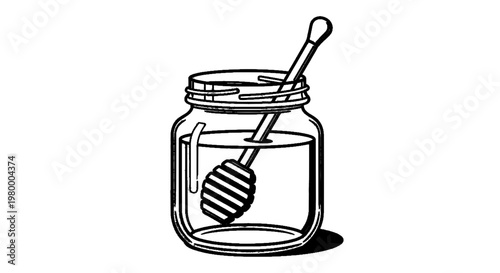 Vector illustration of honey jar with wooden dipper inside, simple black and white line art on a transparent background