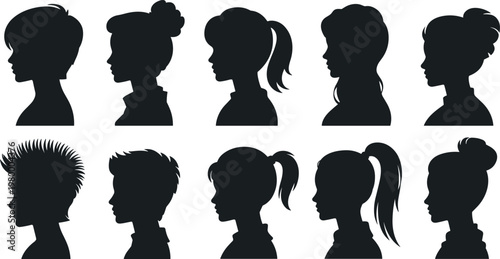 Set of vector black silhouettes of profile heads of young people with various modern hairstyles like ponytail bun pixie cut and mohawk on white background
