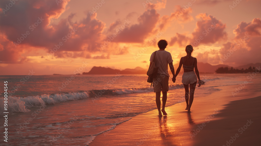 Fototapeta premium Romantic couple walking hand in hand on beach at sunset.