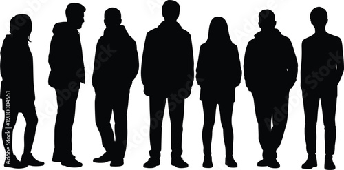 Collection of seven diverse human silhouettes in black standing in a row on white background Keywords: silhouette, people, group