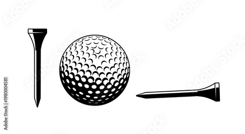 Golf ball and tee set with black and white dimpled texture and golf spikes featuring sports, golfing, golfing gear with golfing tools and