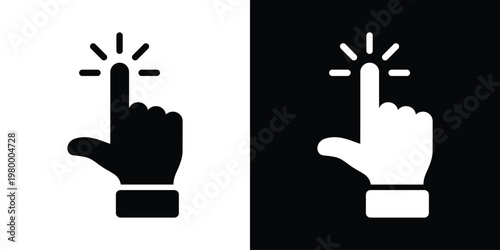 Black pointing finger adjacent to black square featuring white finger with radiating starburst sparkle. Minimalist vector icon for magic tap, highlight, success actions in UI, apps, promotional graphi