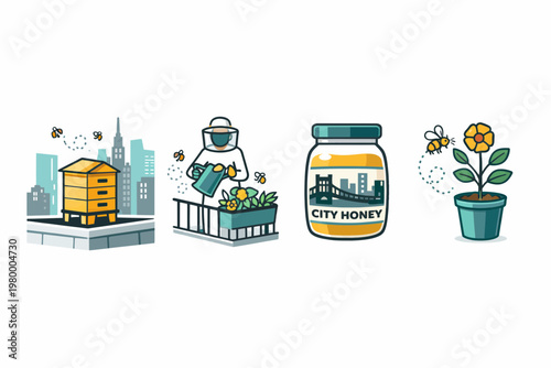 Urban Beekeeping and City Honey Collection World Bee Day Bee Honey bee Vector Icon set Honey Honeyco