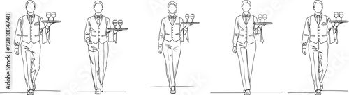 Waiter and Waitress Line Art Set – Restaurant Service Staff Holding Tray, Hospitality and Catering Concept Vector Illustration