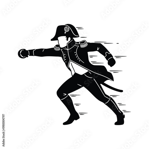 Dynamic depiction of a historical military officer in motion with a sword