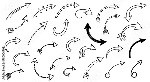 Arrows hand drawn set with black curved lines and various direction pointers featuring icons, graphics, illustrations with vector and collection