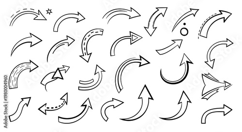 Arrows hand drawn set with black curved lines and various shapes and sizes for design elements. featuring vector, illustration, graphics with icons