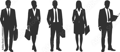 Five Business People Silhouettes Standing with Briefcases and Folders on White Background vector illustration