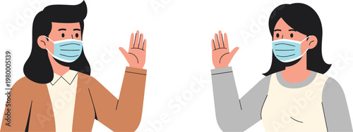 People Wearing Masks and Waving Vector Illustration for Health, Safety, and Social Distancing Themes