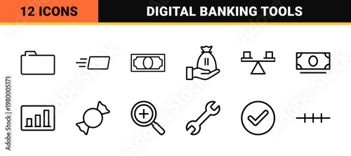Minimalist banking and finance line icons set