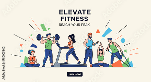 An illustration of diverse people engaging in various fitness activities like weightlifting, yoga, running, and meditation, promoting a healthy and active lifestyle.