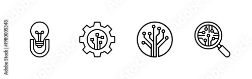 Minimalist business transformation and digital innovation line icons set