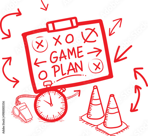 Professional sports coach clipboard displaying a strategic game plan with tactical marks including arrows plus circles and crosses for organizing athletic plays while featuring a stopwatch whistle and