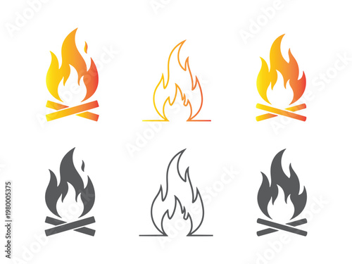 Collection of campfire and flame icons in various colors and styles