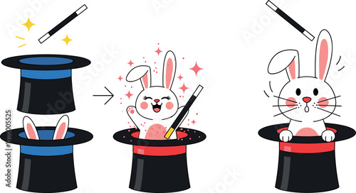 Magic trick sequence with rabbit in hat and wand, cute cartoon illusion steps in playful vector illustration set