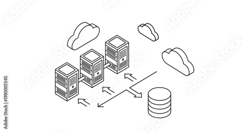 Isometric Line Art Illustration of Cloud Computing Servers and Database Network Infrastructure for Data Storage and IT Technology Services