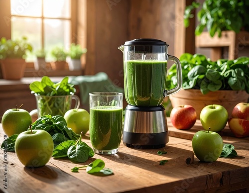 Fresh green smoothie in blender with leafy greens s and natural sunlight in a cozy kitchen setting for healthy diet and nutritious breakfast concept