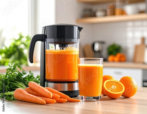 Freshly squeezed orange juice with vibrant carrots and oranges in a modern kitchen setting featu natural light and healthy breakfast ingredients