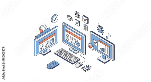 Isometric Software Testing and Quality Assurance Illustration. Concept of debugging, bug tracking, and system optimization on computer monitors for IT development services.