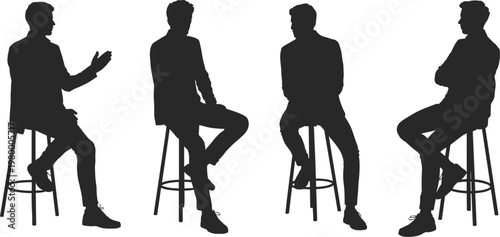 Four Silhouettes of Men Sitting on Stools in Conversation and Pensive Poses Keywords: silhouette, men, sitting, stools, conversation