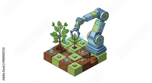 Smart Farming Isometric Concept with Robotic Arm Tending to Plants on a Modular Soil Grid for Precision Agriculture and Sustainable Technology