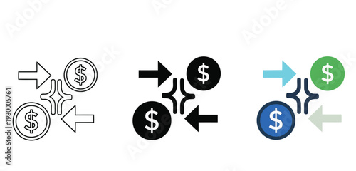 Money exchange icons Vector Set in Three Styles — Line Art, Silhouette and Color Version, dollar coins with arrows pointing to the center, financial transaction concept