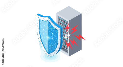 Isometric 3D Illustration of Data Server Protected by Digital Shield from Cyber Attacks and Malware - High-Tech Network Security Concept