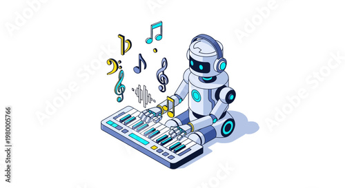 AI Robot Composer Playing Electronic Keyboard Synthesizer - Isometric Illustration for Machine Learning Music Generation and Creative Artificial Intelligence Technology