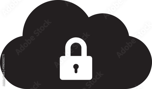 Cloud security icon with padlock, black silhouette cloud storage protection vector, secure data hosting and privacy symbol for web design
