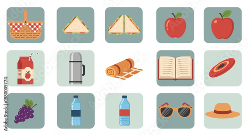 Collection of picnic essentials in a flat design style, perfect for outdoor leisure activities.